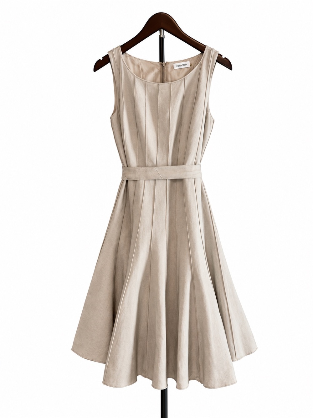 Calvin Klein Khaki Linen Blend Pleated Fit & Flare Belted Dress Sz 6